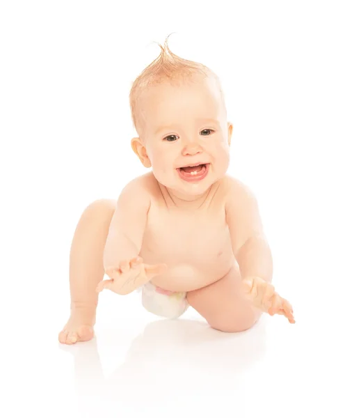 Bebê bonito feliz em uma fralda isolada — Fotografia de Stock