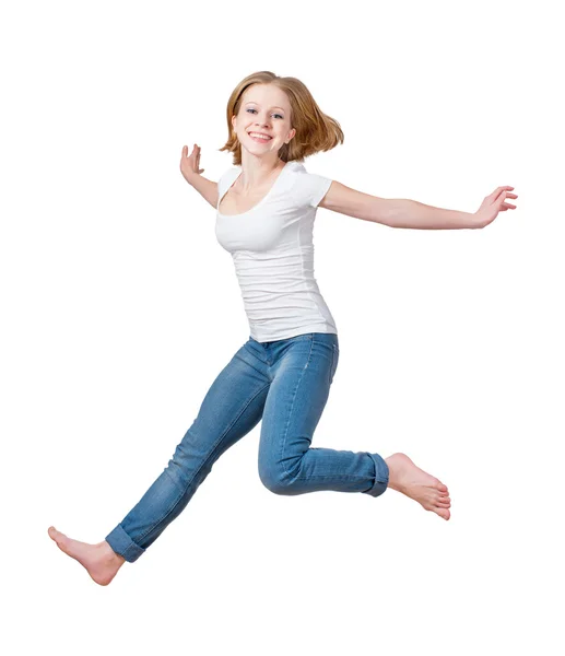 Ευτυχισμένος κορίτσι άλματα απομονωθεί σε λευκό — Φωτογραφία Αρχείου