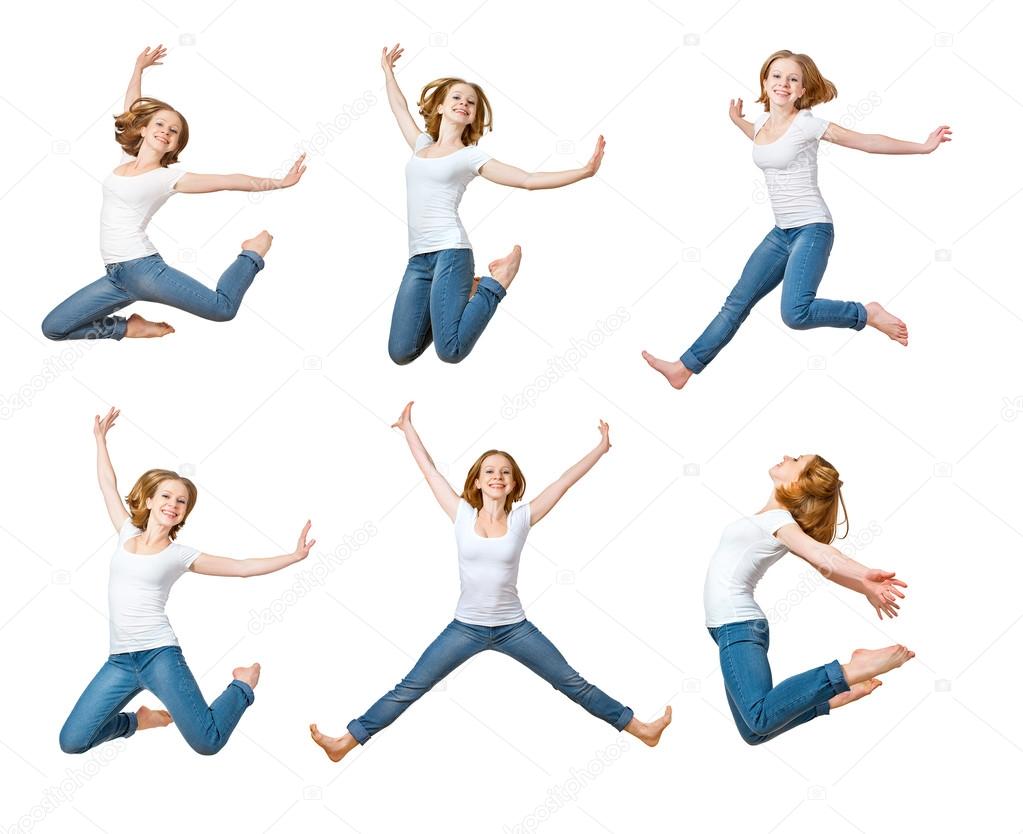 happy girl jumping isolated on white, collage, set