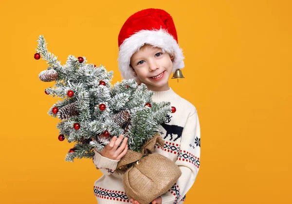 Liten förskola unge söt rolig pojke poserar i Santa hatt med klocka samtidigt hålla snöig Xmas träd — Stockfoto