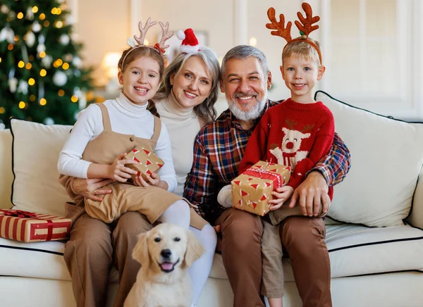 Glad familj morföräldrar, barnbarn och hund golden retriever under julen semester hemma — Stockfoto