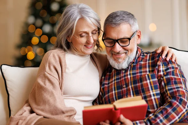Unga glada äldre familj par kär njuter av julen tillsammans hemma, läsa bok — Stockfoto