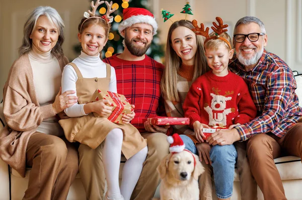 Glücklich schöne große Familie mit Hund Labrador Retriever sitzt auf Couch in der Nähe geschmückten Weihnachtsbaum — Stockfoto