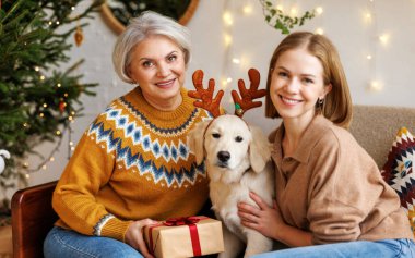Mutlu aile anne ve yetişkin kız yeni yılı ya da Noel 'i birlikte kutluyor.