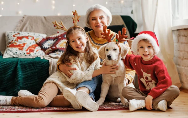 Šťastná rodina, babička, děti a pes zlatý retrívr během Vánoc doma — Stock fotografie