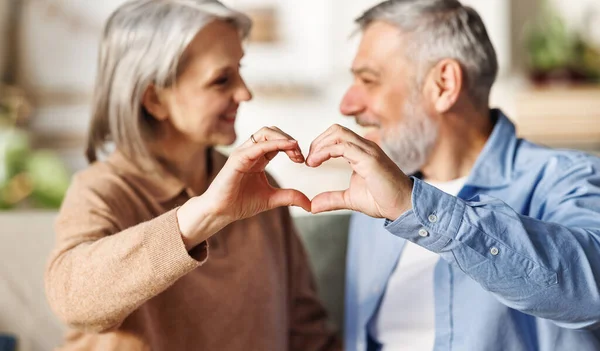 Casal feliz de amantes idosos mostra um símbolo do coração com as mãos, abraçando no dia dos namorados — Fotografia de Stock