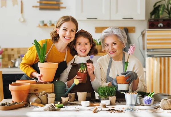 Abuela Positiva Madre Replantando Flores Primavera Macetas Con Niño Mientras —  Fotos de Stock