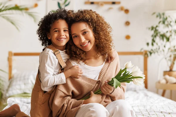 Happy African American Mom Tulips Smiling Embracing Son Gratitude While — Stock Photo, Image