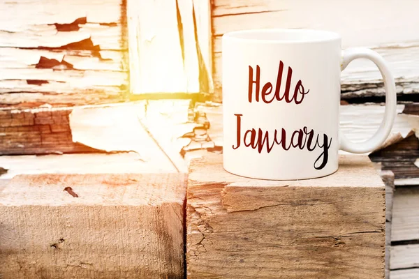 Hello January Cup Aromatic Coffee Wooden Cube — стоковое фото