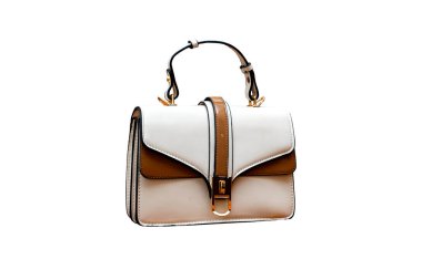 Deri omuz çantası beyaz arkaplanda beyaz ve kahverengi renkli.