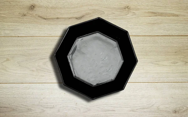 Placa Forma Polígono Octágono Negro Cerámica Vacía Sobre Tabla Tablones — Foto de Stock