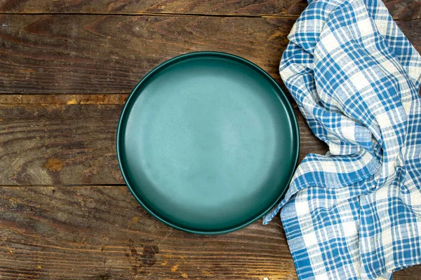 Empty Ceramic Blue Plate Wooden Planks Table — Stock Fotó