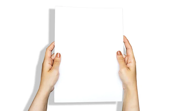 Closeup Woman Hands Holding Blank Papers Billboard Your Design Logo — Stock Photo, Image