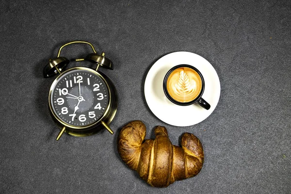 Morning Concept Fresh Baked Croissants Black Board Breakfast Coffee Cup — 图库照片