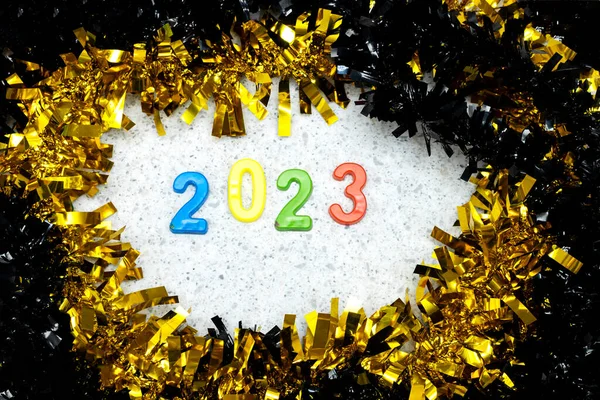 Black Golden Tinsel Border Frame 2023 Happy New Year — стоковое фото