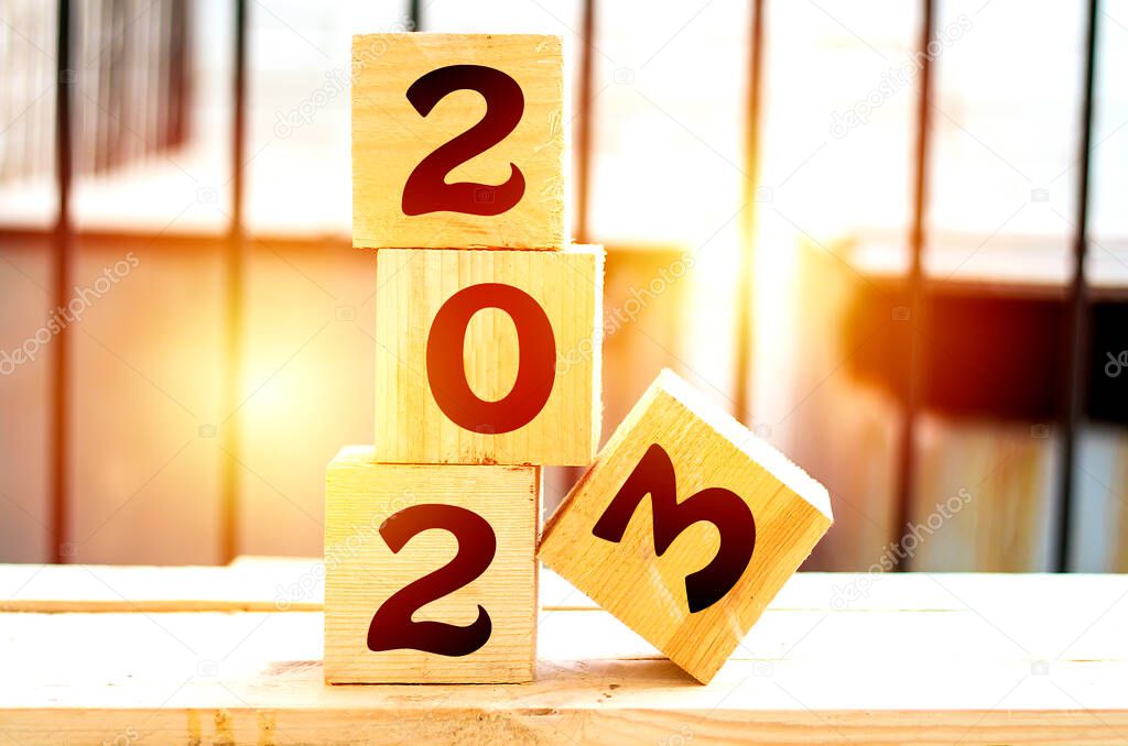 2023 new year greeting card template, 2023 on wooden cubes on wood table