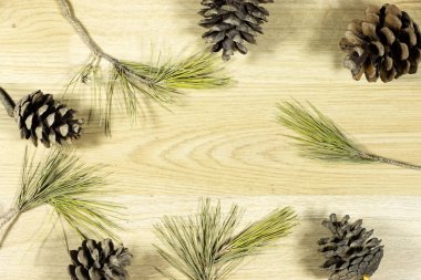 pine cones and leaves with copy space for your text on wood table