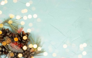 Noel konsepti, kozalaklar ve yapraklar ve bokeh ışığı