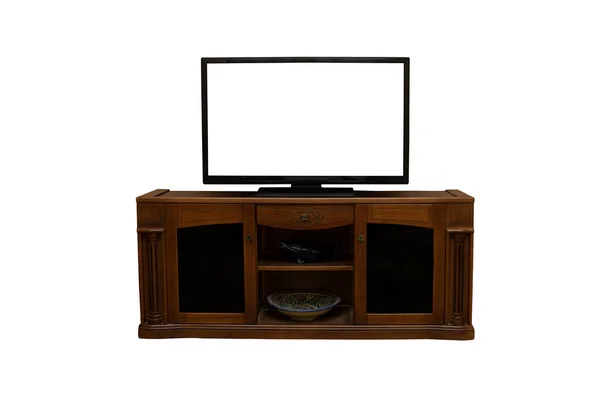 Television Put Wood Table Isolated White Background — Stock Photo, Image