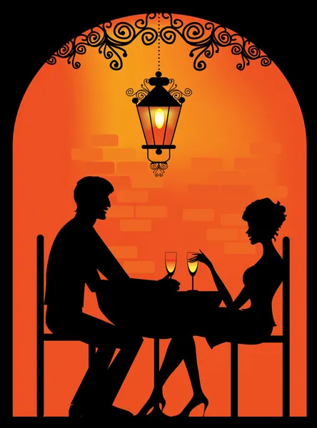 Silueta de una pareja en el restaurante — Vector de stock