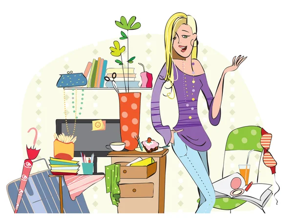 Young girl in a messy room Vector Graphics