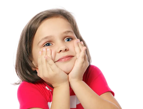 Retrato de uma menina triste o em camisa vermelha em um fundo branco — Fotografia de Stock