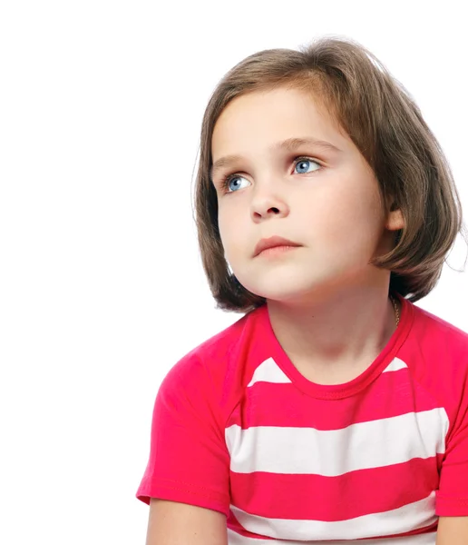 Porträt eines traurigen Mädchens o in rotem Hemd auf weißem Hintergrund — Stockfoto