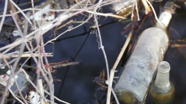 Pequeño lago con botellas flotantes en él — Vídeos de Stock