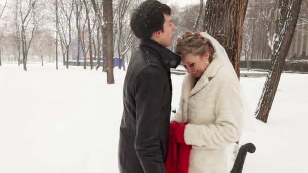 På vintern blåser parken bruden brudgummen snön. Hon kysser honom — Stockvideo