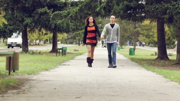 Paar broer en zus hand in hand wandelen in het park — Stockvideo
