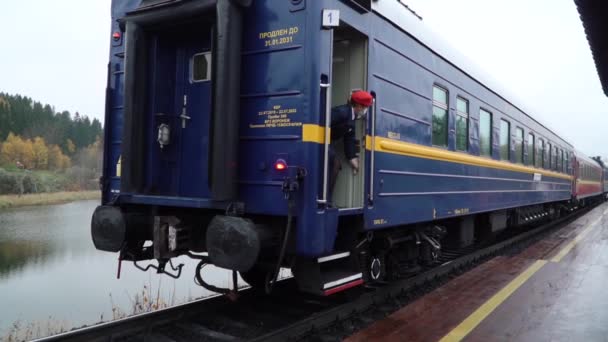 Aankomst van een passagierstrein op station Sortavela langs de route Sortavala - Ruskeala Mountain Park — Stockvideo