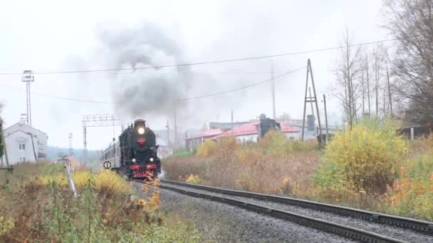 L-3958型蒸汽机车和沿着Sortavala-Ruskeala山地公园路线从Ruskeala Express出发的汽车 — 图库视频影像