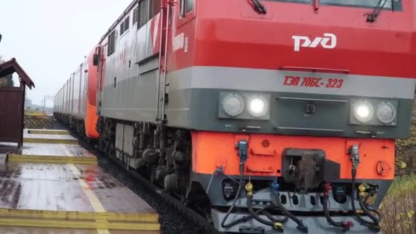 Arrivée du train de voyageurs Lastochka à la gare de Sortavela le long de la route Sortavala - Ruskeala Mountain Park — Video