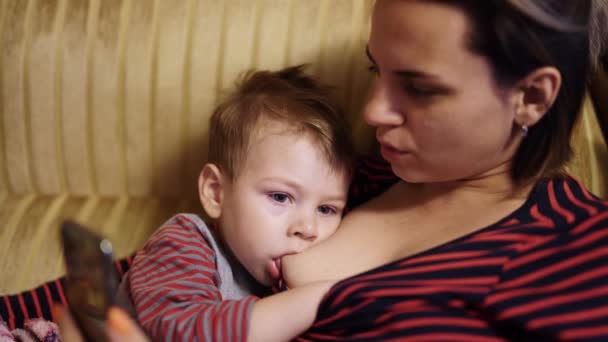 Mom breastfeeds year old son — Stock Video © SpstudioVideo
