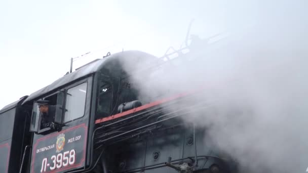 Steam locomotive L-3958 and cars from the Ruskeala Express along the route Sortavala - Ruskeala Mountain Park — Stock Video