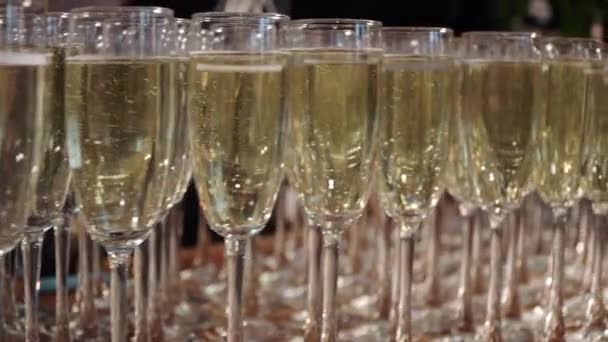 Rad av glas champagne vid en buffé — Stockvideo