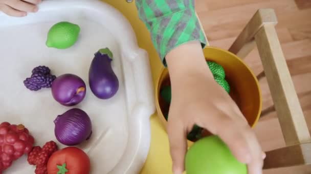 Разработка разноцветных игрушечных овощей и фруктов — стоковое видео