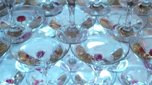 Champagne with cherries in a pyramid — Stock Video