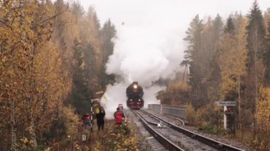 Karelia 'da bir nehrin üzerindeki köprüde bacadan duman çıkan buharlı lokomotif.