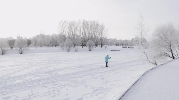 雪の池の氷の上のスキーヤー — ストック動画