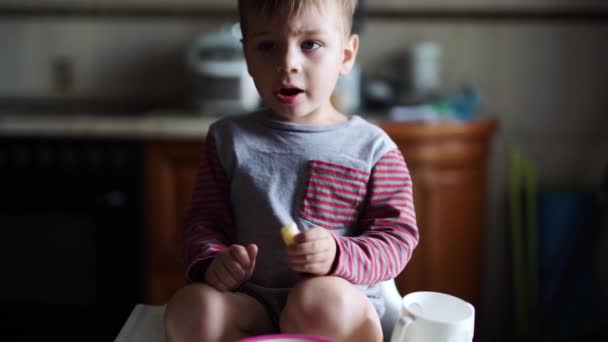 Boy tittar på tecknad film och äter kakor — Stockvideo