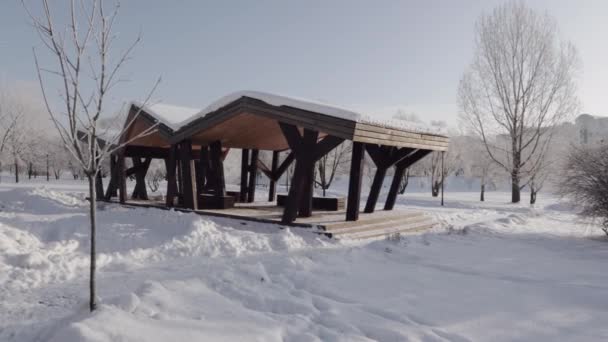 Дерев'яна альтанка для пікніків у міському парку — стокове відео