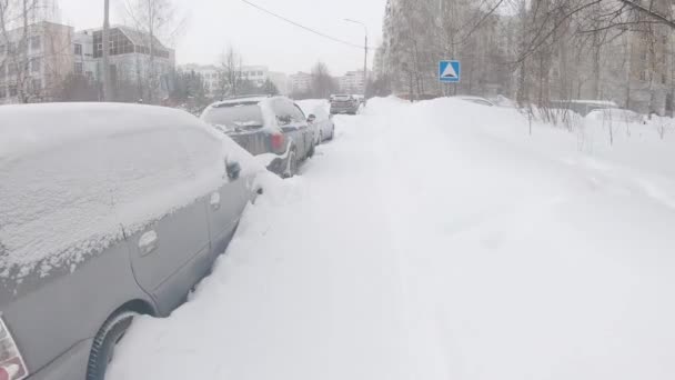 Автомобили, покрытые снегом — стоковое видео