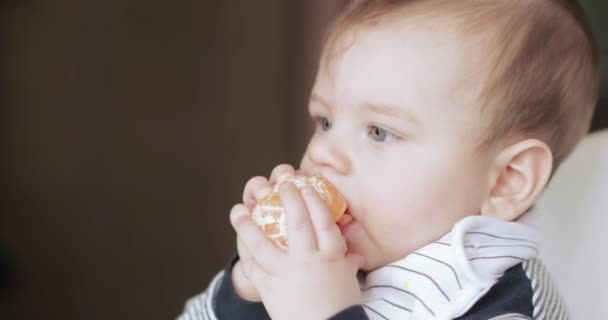 Bayi laki-laki makan Mandarin — Stok Video