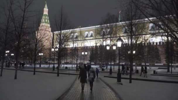 Ночное освещение кремлевской стены со стороны Александровского сада — стоковое видео