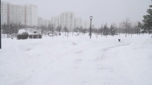 Очищені стежки в парку після сильного снігопаду в житловому районі Москви Южно Бутово. — стокове відео
