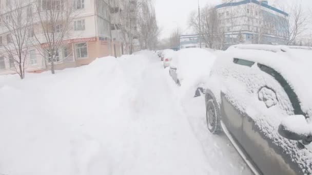 Автомобили, покрытые снегом — стоковое видео