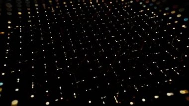 Soyut teknolojik arka plan ve karanlık dijital uzayda kısa bölümler. Animasyon. Dar çizgiler akar kare şeklinde ızgara oluşturur, dikişsiz döngü.