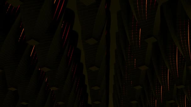 Fundo abstrato com muitas fileiras de pilares em forma de cone com topos cortados e clarões de luz vermelha. Desenho. Campo de colunas listradas 3D. — Vídeo de Stock