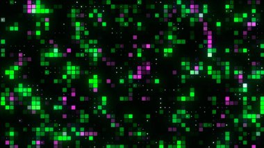 Sahne ışığı duvarı. Siyah arka planda yavaşça yanıp sönen kare şeklindeki lambalar. Hareket. Performans ve sahne aydınlatma kavramı, kusursuz döngü.